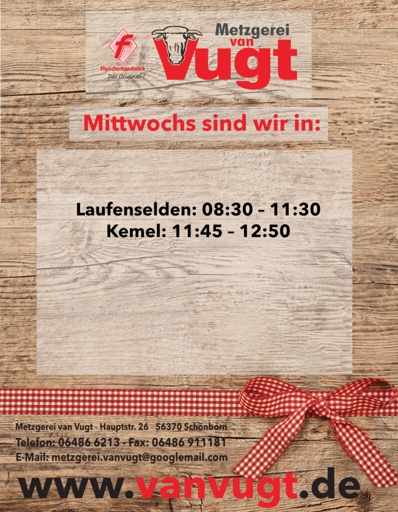 Mittwoch-797x1024 Metzgerei van Vugt – ist in 27 Dörfern im Rhein-Lahn-Kreis präsent